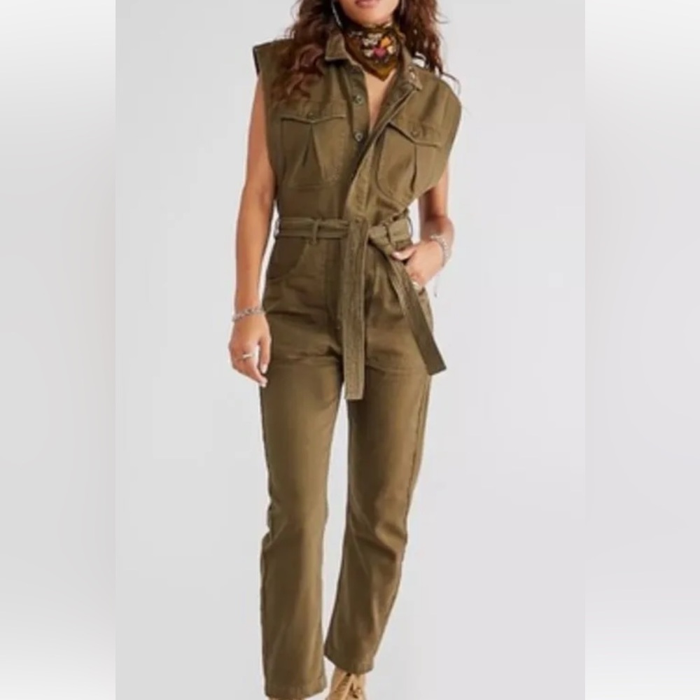 New Free People We The Free Sydney Med Coveralls Green Belted Utility Jumpsuit